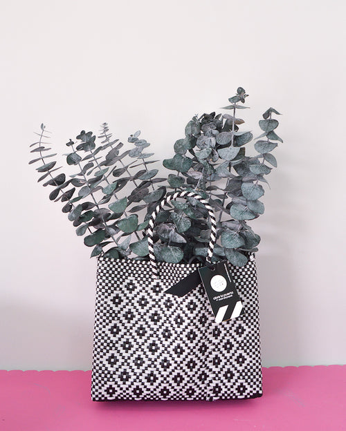Bolsa artesanal oaxaqueña, con eucaliptos - Rombos Blanco y Negro Abre La Puerta